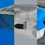 Links: Hinterflossen und Schwanz einer Seeschildkröte im Meer, Mitte: Computermodel eines Objekts mit Ähnlichkeit zur Schildkröte, Rechts: Vorderteil eines Unterwasserroboters (ROV), der in seiner Umströmung einer Schildkröte nachempfunden ist.